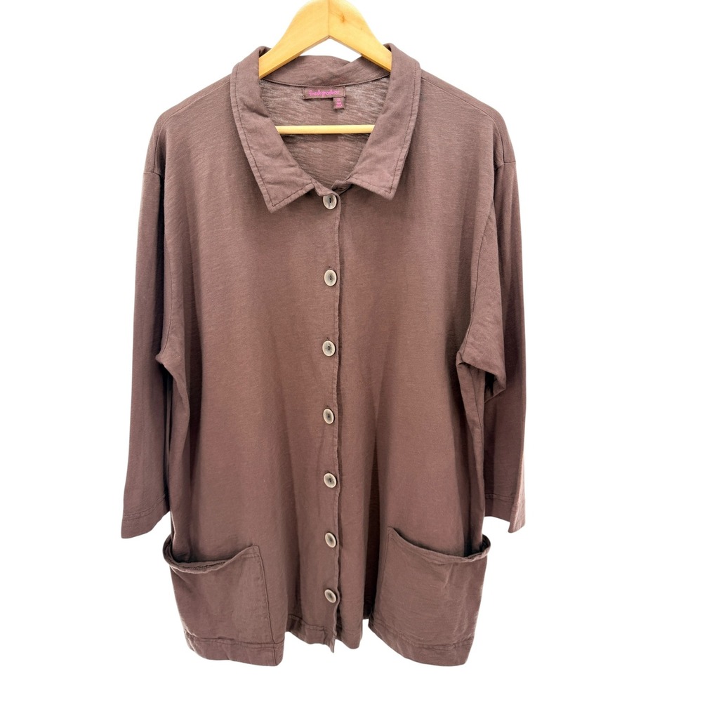 Fresh‎ Produce Womens XL Brown Cotton Knit Button Down Cardigan Jacket Lagenlook